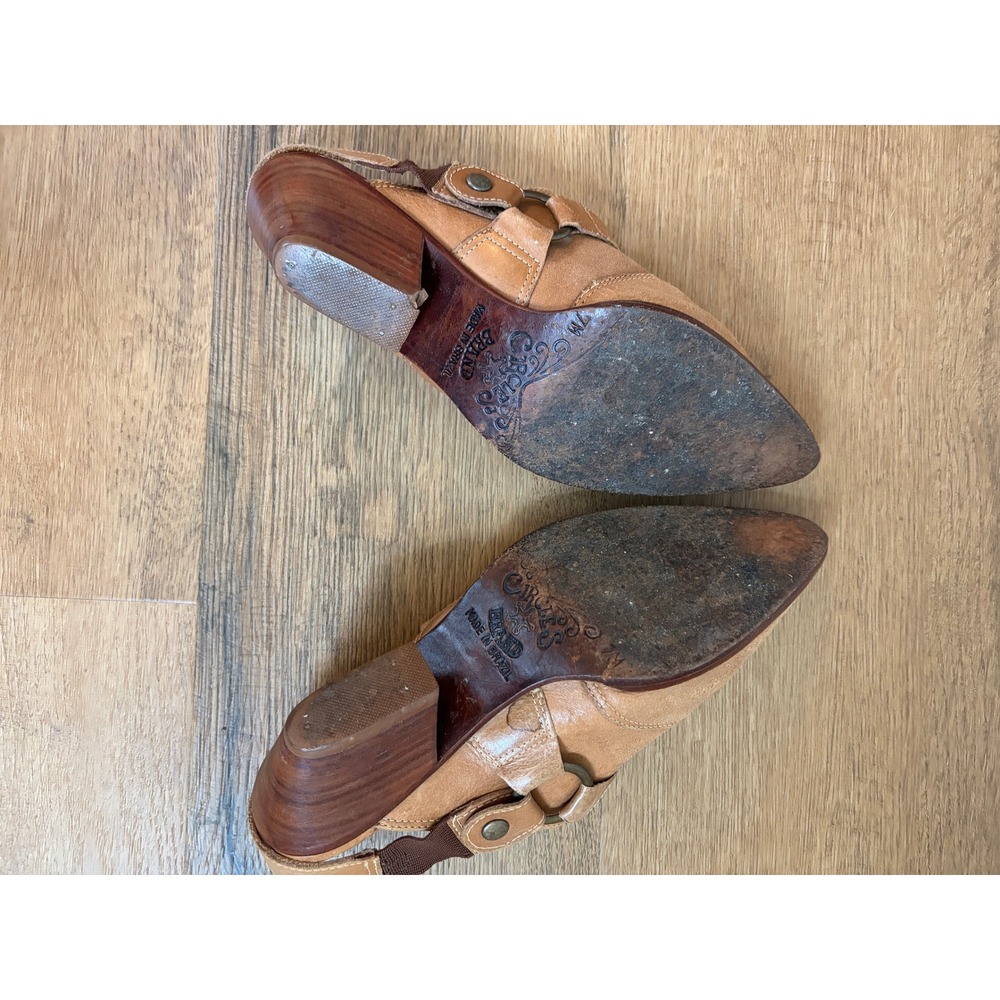 Vintage Circles Tan Leather Western Slingback Mules Size 7 Boho Cowgirl Heels - Picture 5 of 8